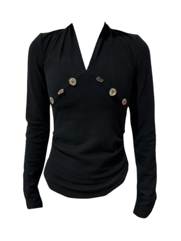 Amy家 微胖mm2025冬季新款v领保暖打底衫女设计感贝壳扣辣妹上衣