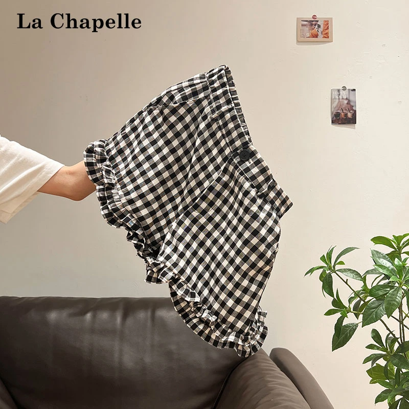 拉夏贝尔复古百搭撞色格子高腰显瘦休闲裤女夏季木耳花边a字短裤