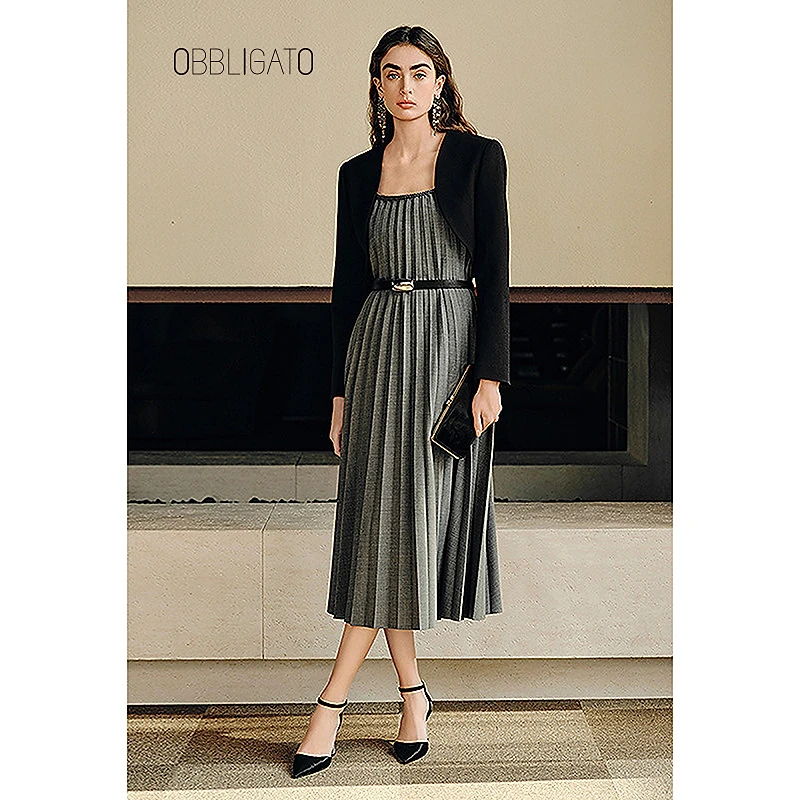 OBBLIGATO奥丽嘉朵2025早春1C35105100新品两件套百褶吊带连衣裙