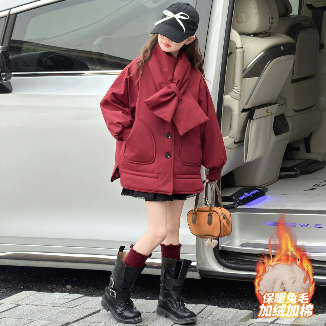 女童围巾加绒加厚派克服2025冬装儿童棉衣学生棉袄潮8-15岁青少年
