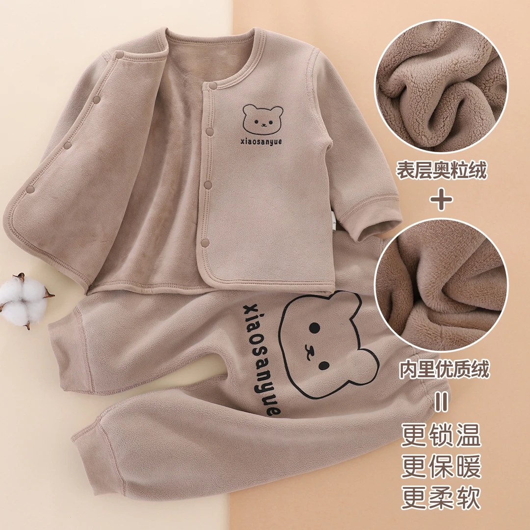 新生婴儿加绒保暖内衣套装秋冬加厚男女宝宝中小儿童双面绒小开衫