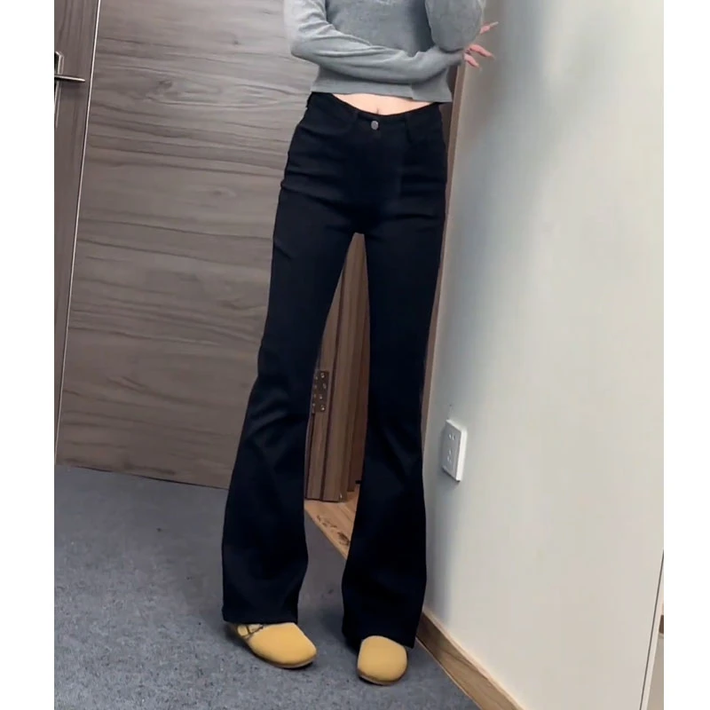 黑色微喇牛仔长裤女春秋新款纯色高腰百搭弹力大码显瘦修身喇叭裤
