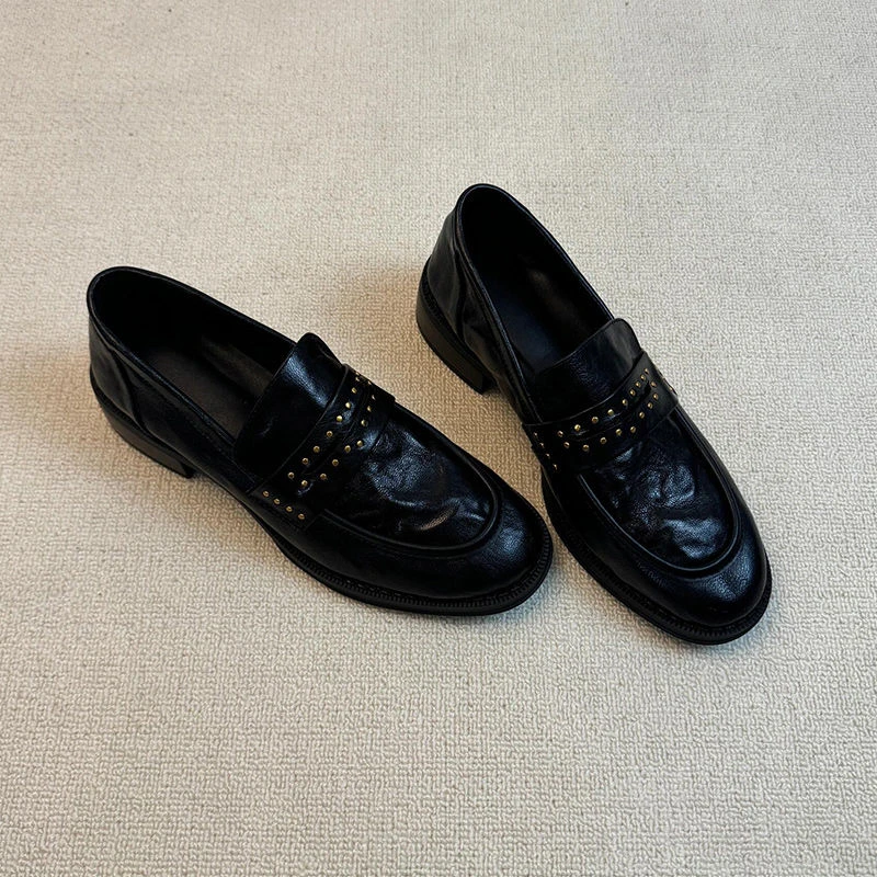 厚底乐福鞋女复古英伦风圆头时尚百搭一脚蹬2025新款粗跟黑色皮鞋