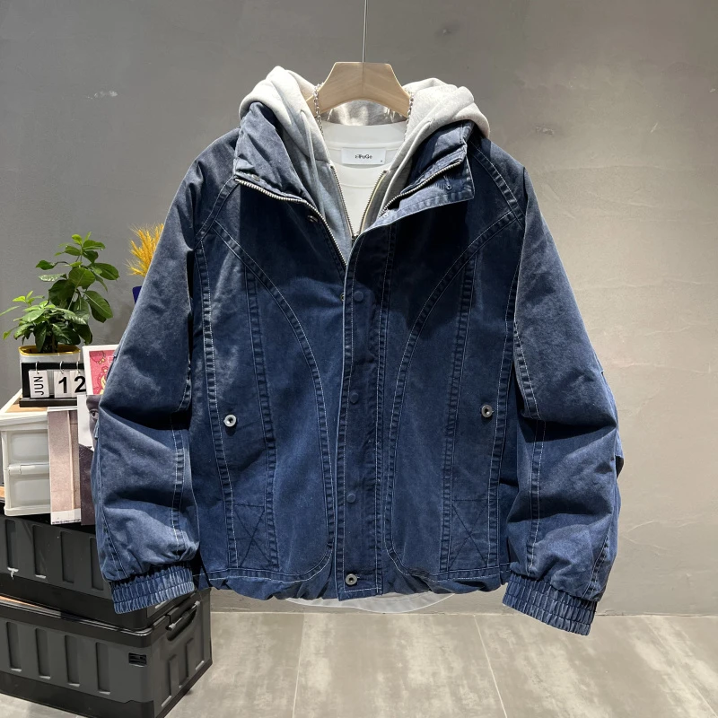 潮牌拼接假两件羽绒服男25冬季新款加厚工装保暖90绒防寒宽松上衣