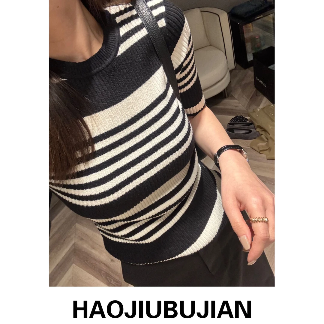 好久不见条纹针织半袖