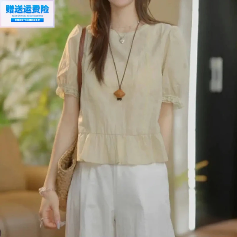 （运费险）法式圆领蕾丝花边感棉布上衣女2025夏季新款休闲宽松