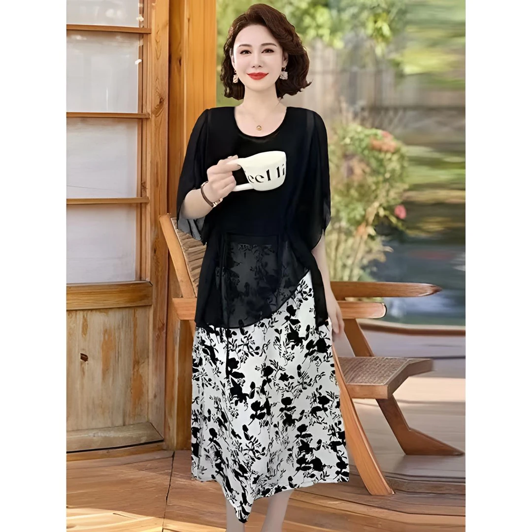 裙子套装裙子洋气夏季气质衣服女上衣长裙拼接中长款印花女装碎花
