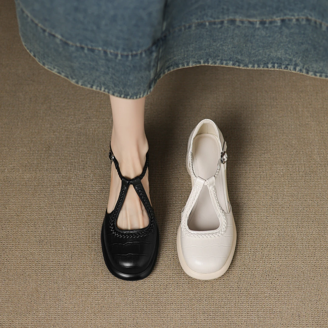 5cm/牛皮/夏季包头低跟凉鞋女编织中跟圆头时装凉鞋包头凉鞋