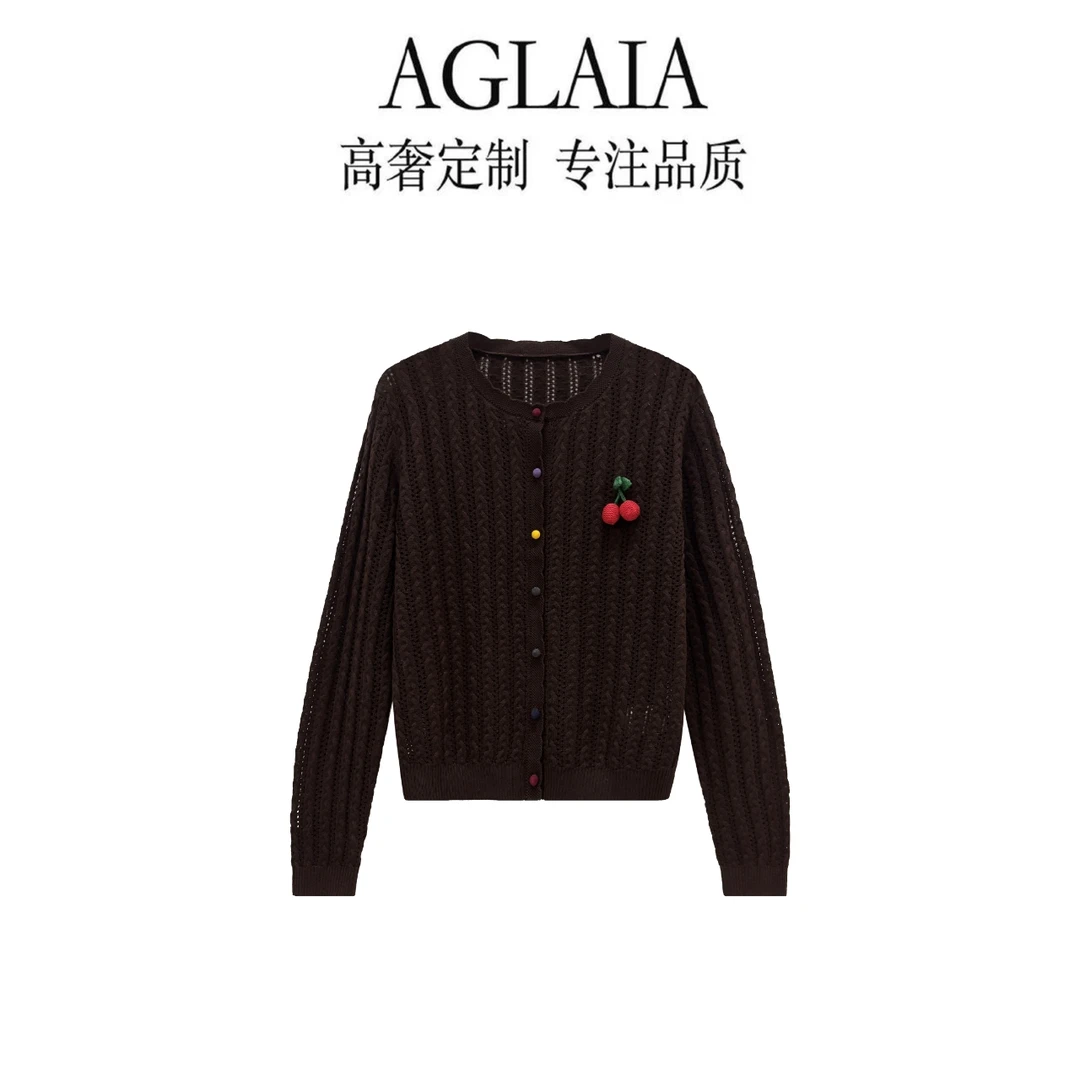 AGLAIA~秋装新款麻花镂空樱桃时尚洋气减龄圆领针织开衫上衣6272