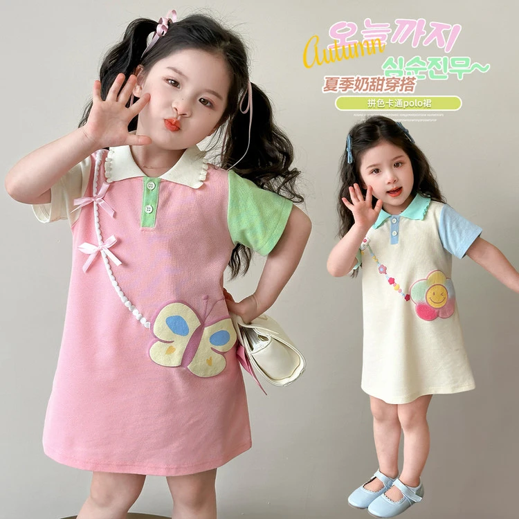 女童连衣裙夏季新款儿童拼色花朵背心裙洋气女宝宝polo领t恤裙子