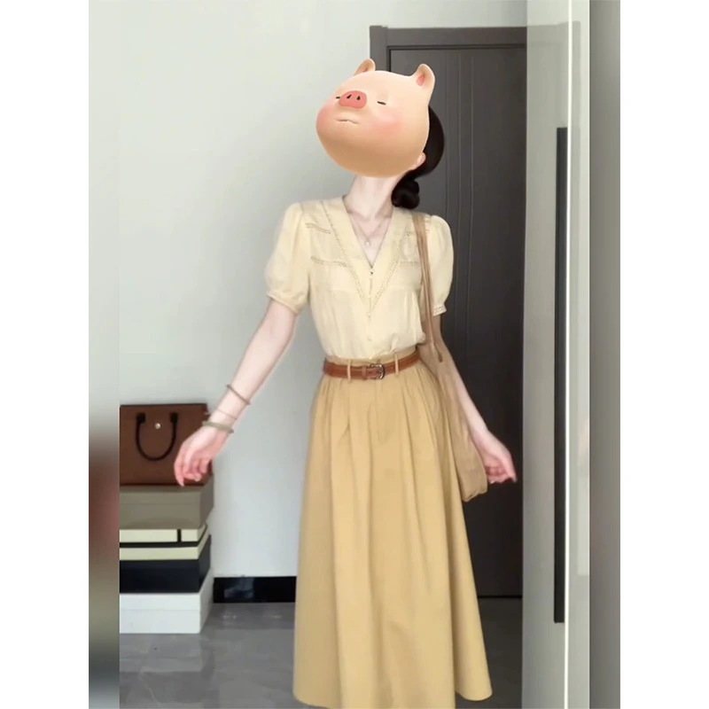 夏装通勤搭配一整套女2025夏季新款盐系轻熟短袖衬衫半身裙两件套