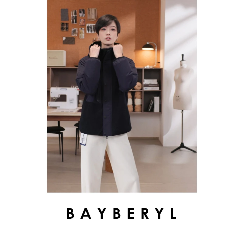 BAYBERYL老贝1P藏青3M拼接夹棉休闲秋百搭连帽外套MF5F0248