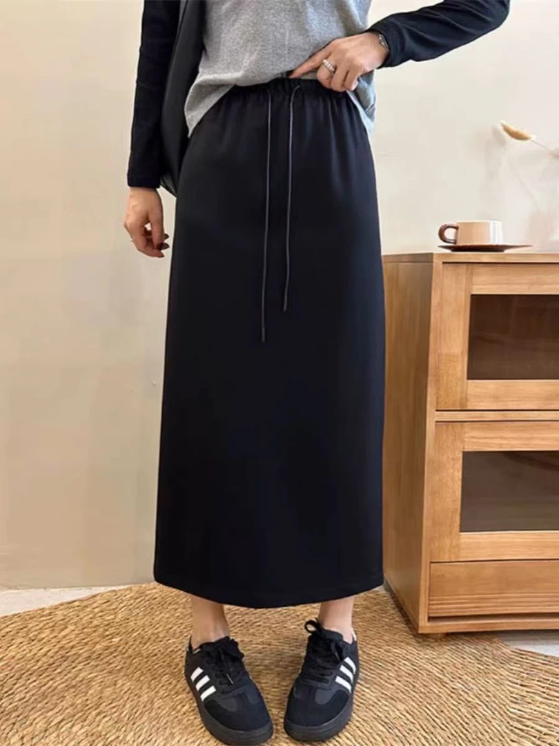黑色抽绳显瘦高腰百搭后开叉中长款休闲半裙
