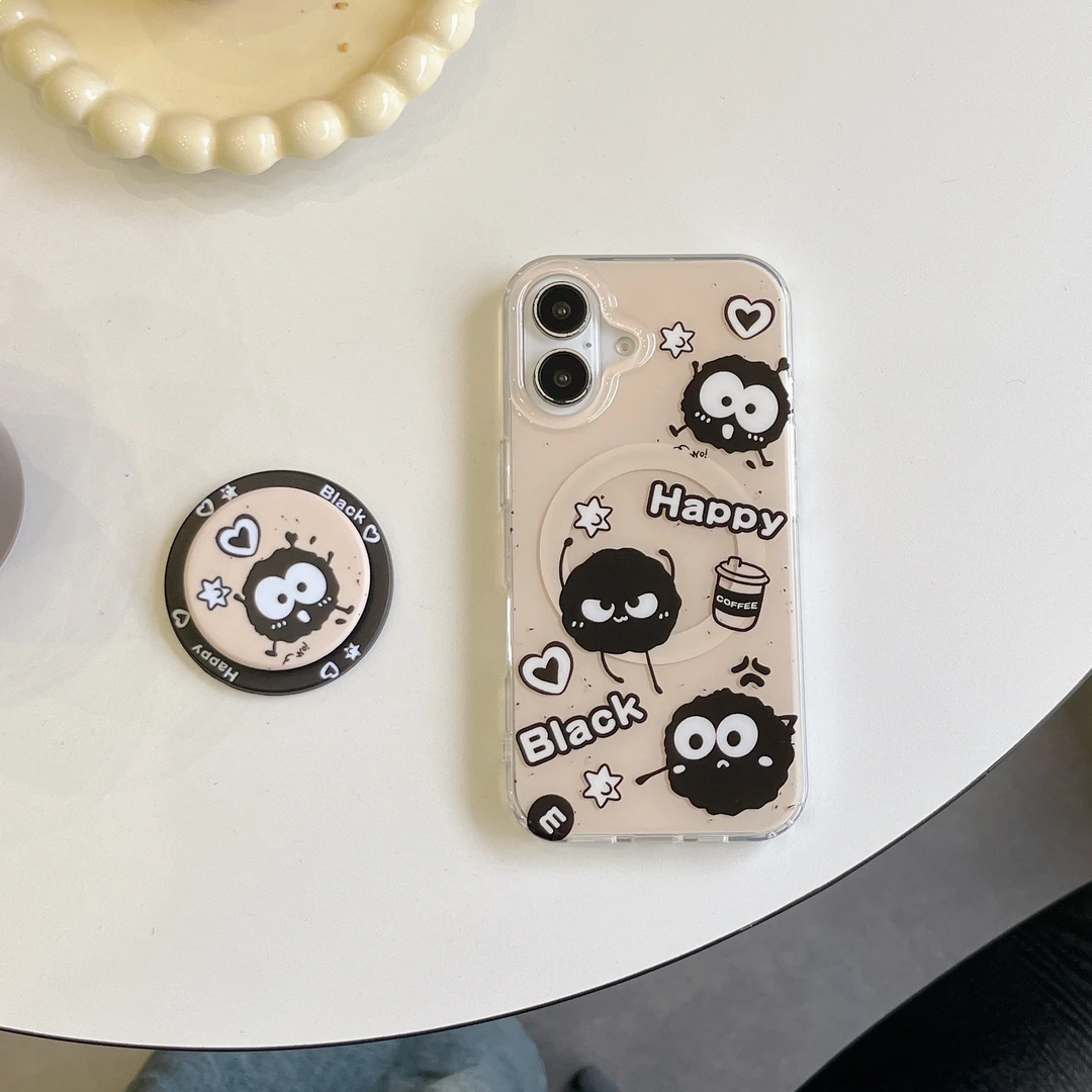 适用苹果iphone16promax可爱卡通15立体小黑煤球14pro双层13防摔