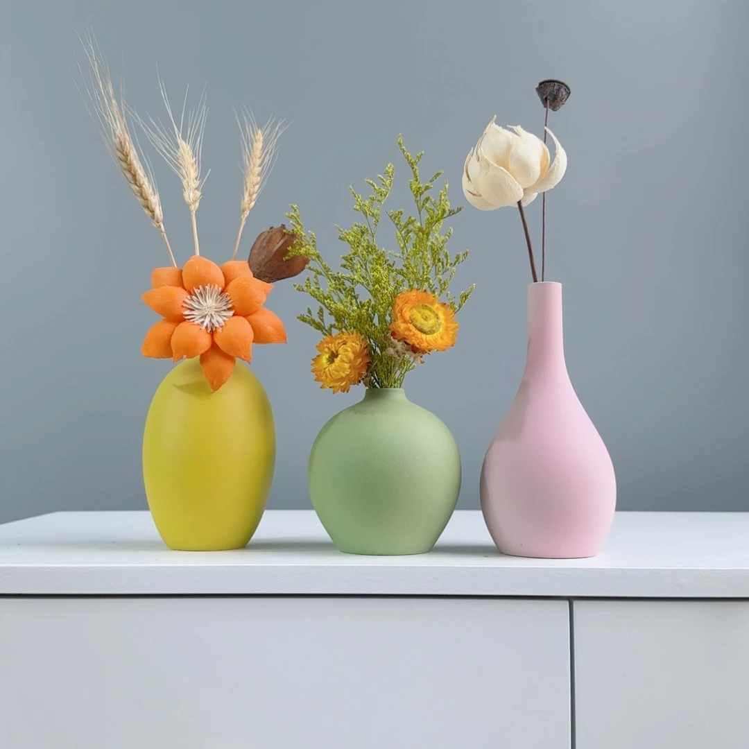 瓷片陶瓷小花瓶套装含花总高约20-30cm