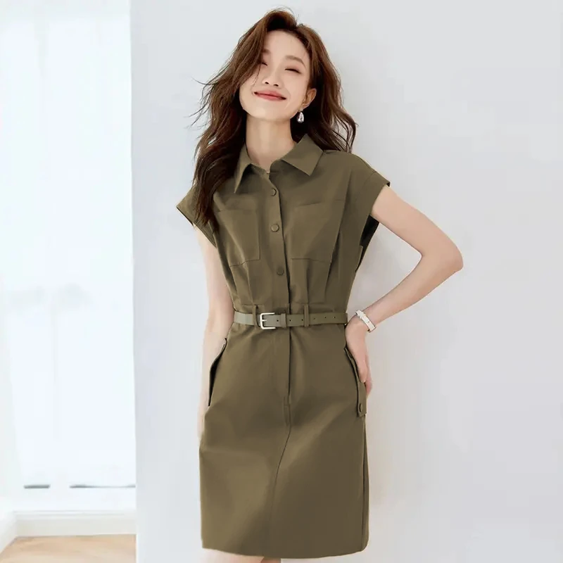 【送腰带】2025夏日新款撞色扣子皮带收腰显瘦小众连衣裙D1076
