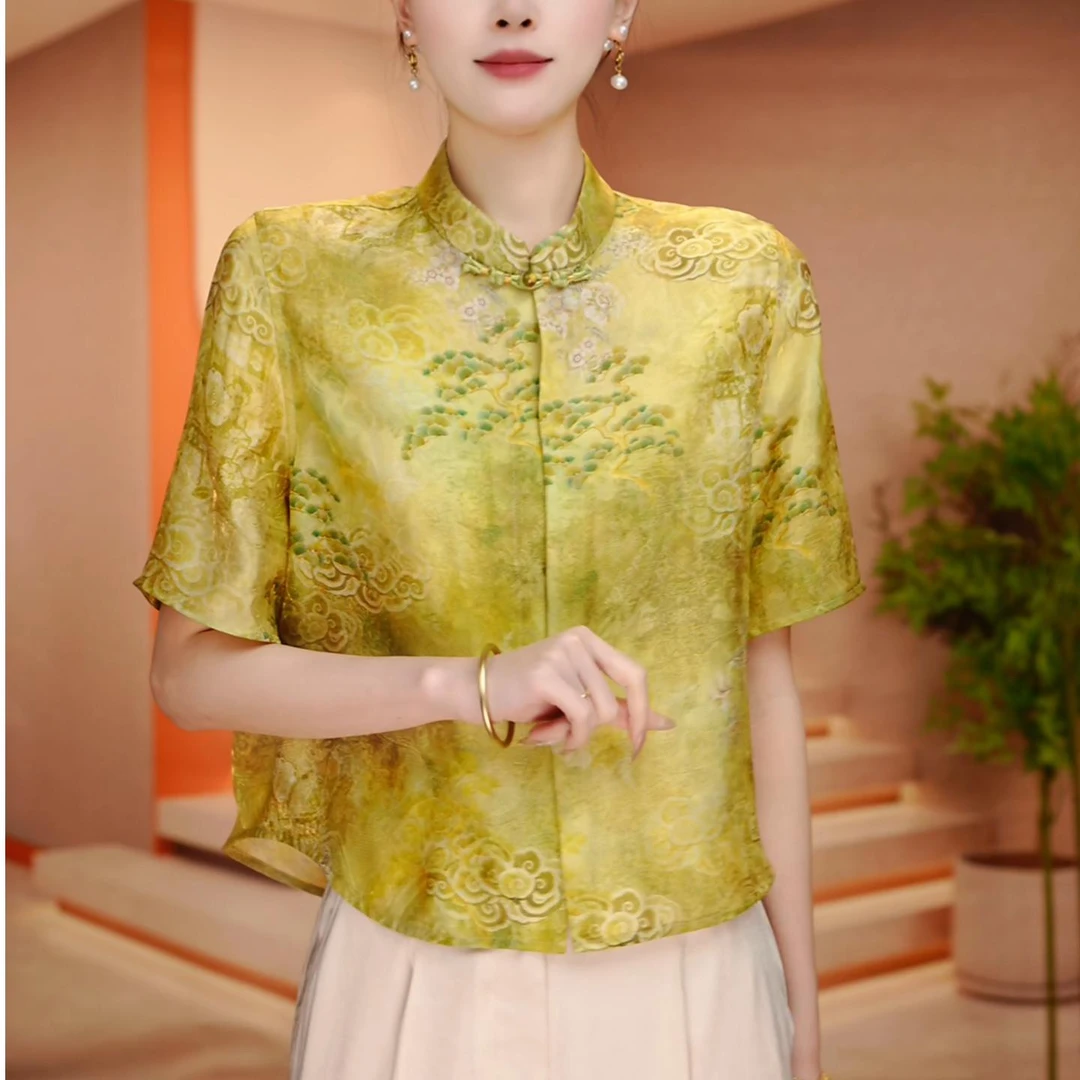 深圳新中式夏季国风上衣上新百搭气质印花款遮肉显瘦短袖-F250389