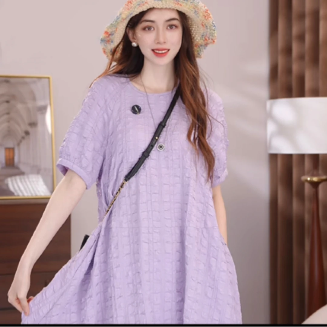 AMASS/阿玛施5500534 夏季超薄宽松泡泡袖连衣裙女装提花气质纯色