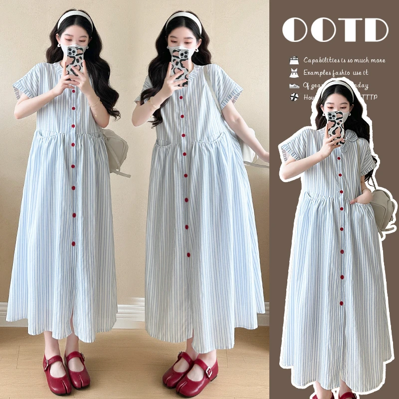 孕妇装2025夏新款蝴蝶结气质蓝白提花可哺乳宽松孕妇中长款连衣裙
