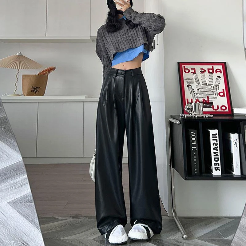 黑色pu皮裤女秋冬天小个子高腰垂感西装阔腿裤直筒宽松休闲拖地裤