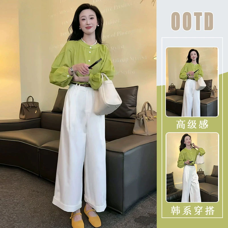 2025春季新款设计感减龄圆领泡泡袖防晒衬衫上衣高腰显瘦直筒裤女
