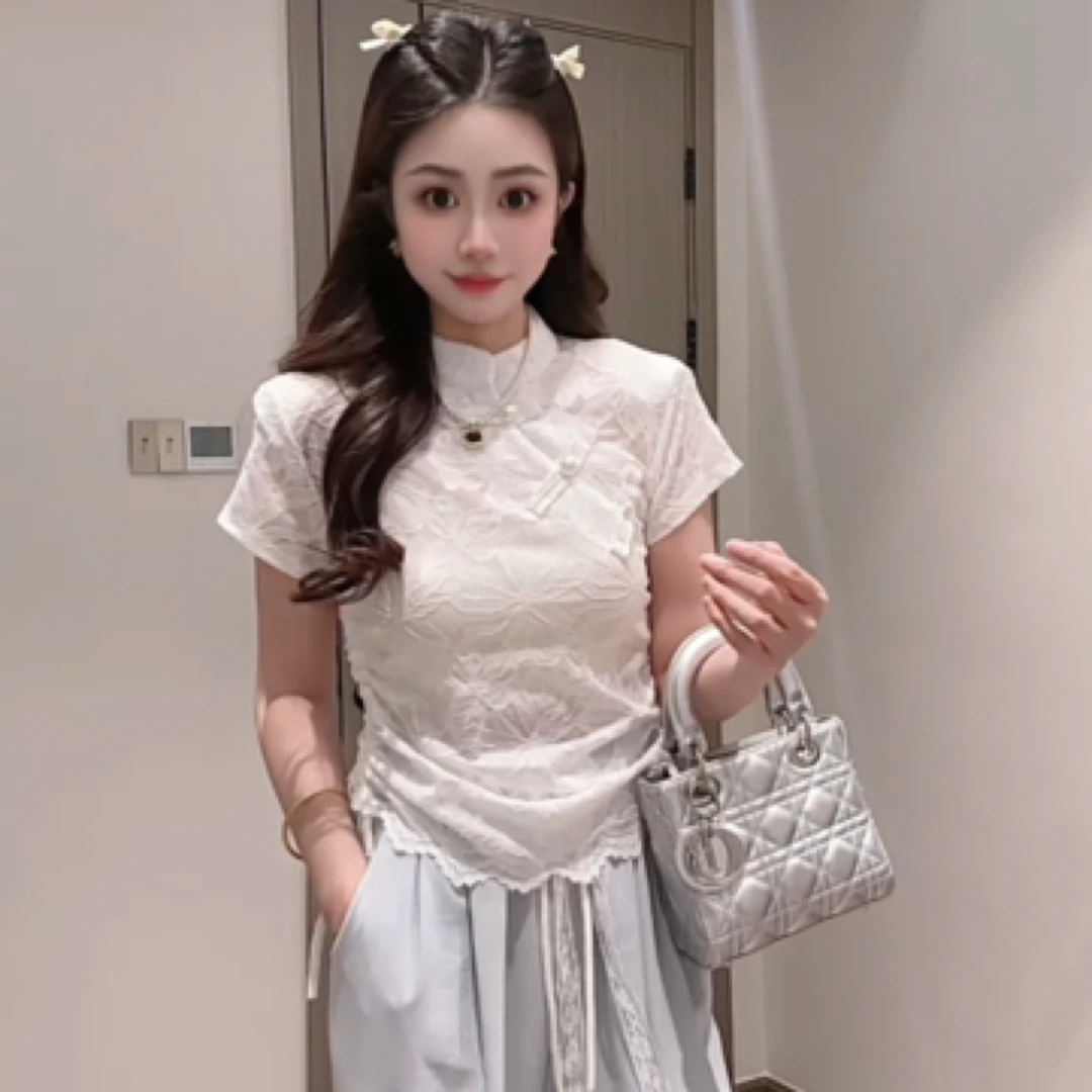 9187-新中式盘扣提花抽绳蕾丝衫（带垫肩）