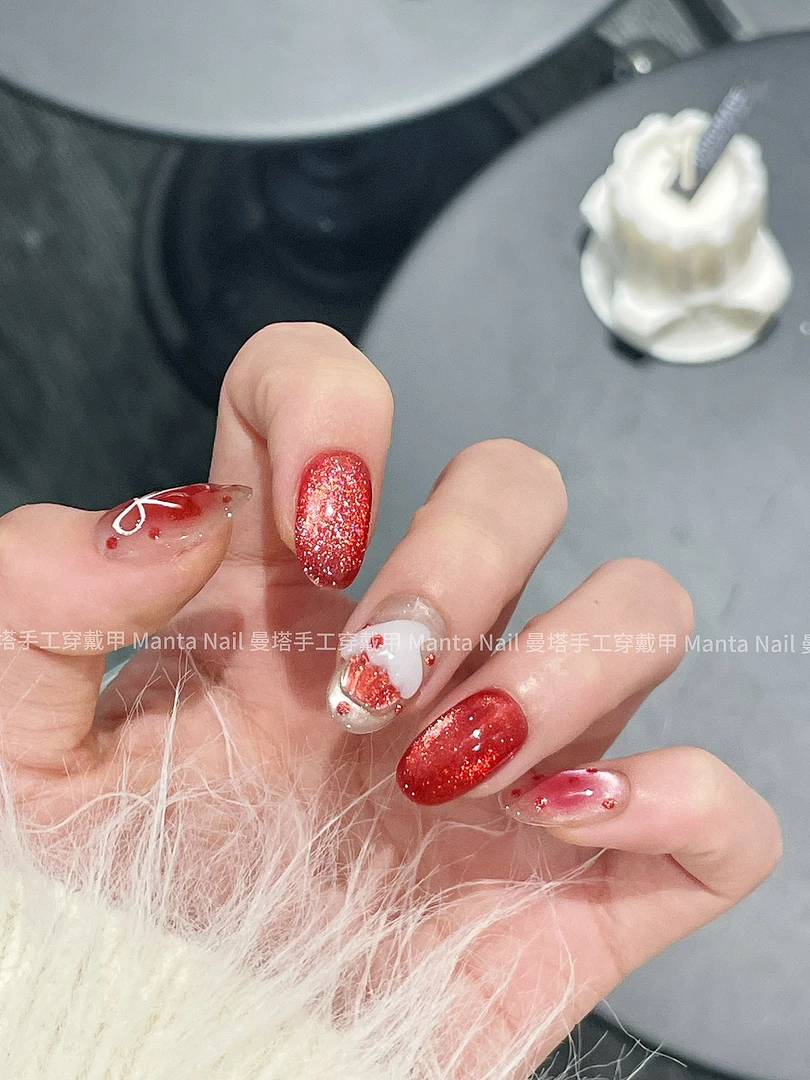 小甜点｜红色草莓猫眼波点捏捏小蛋糕纯手工穿戴甲新年