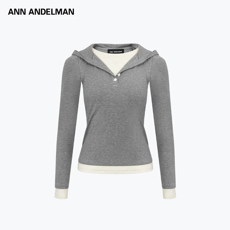 ANN ANDELMAN 25秋冬 时尚设计百搭休闲+假两件连帽打底T恤