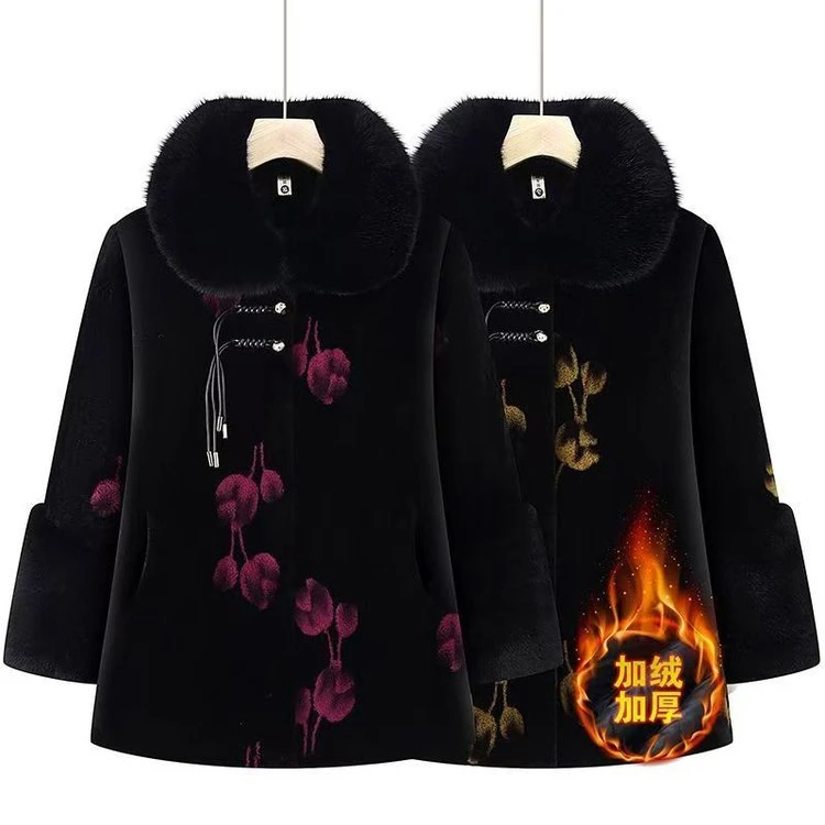 中老年女士冬季加绒加厚毛呢大衣妈妈装保暖外套仿皮草领长袖宽松