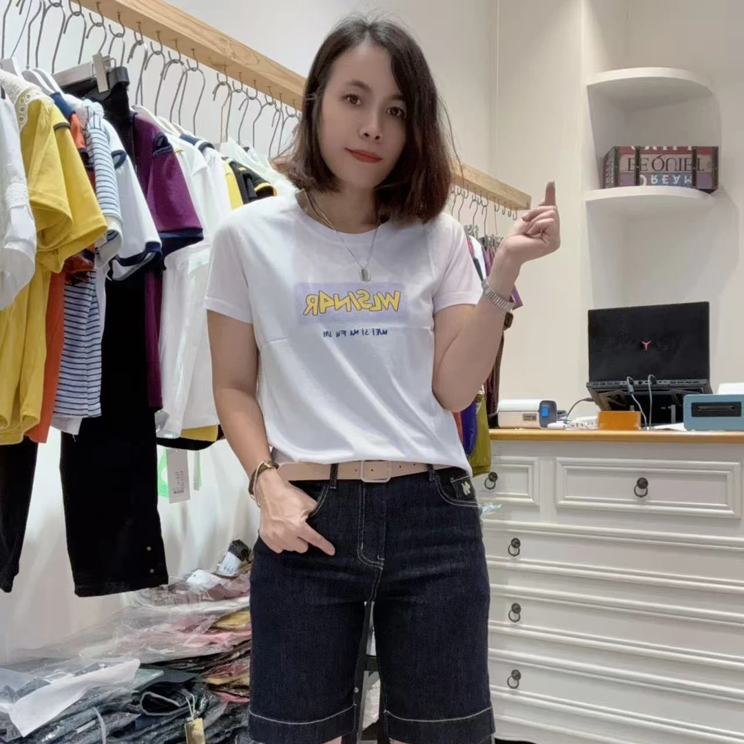 夏季女士印花弹力丝光棉修身显瘦短袖T恤白色短款洋气百搭1127