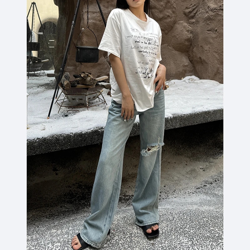 【Glozzzz】字母印花短袖T恤女夏季2024新款后背扭结薄款宽松上衣