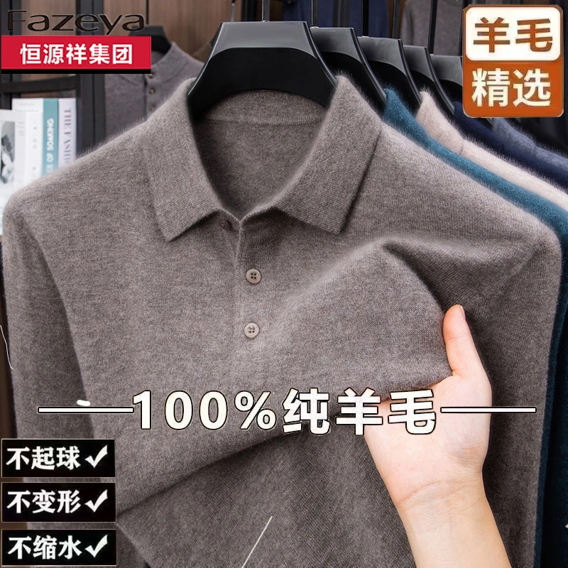 恒源祥集团彩羊100纯羊毛衫男翻领冬季新款加厚毛衣中年男针织打