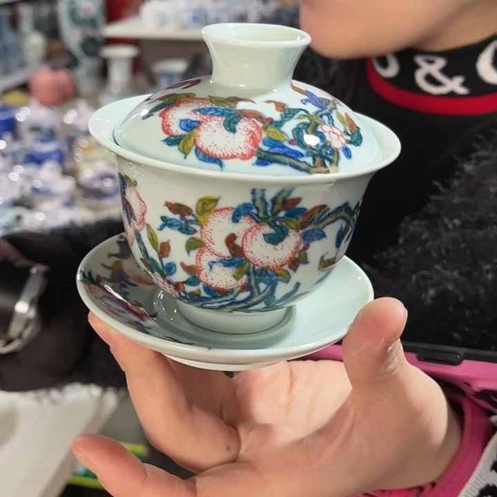 瓷片景德镇陶瓷盖碗。绿。