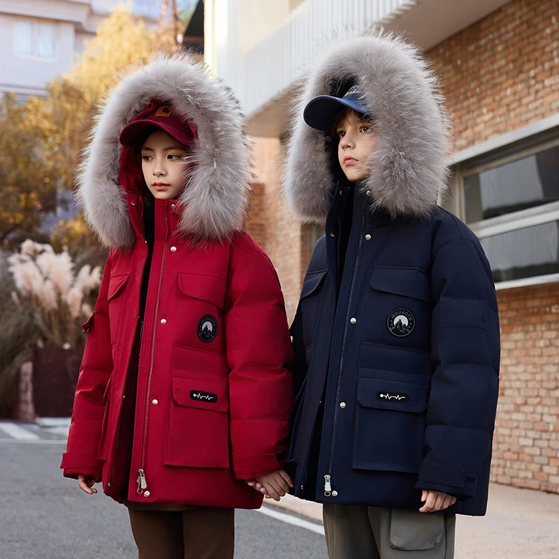 儿童羽绒服中大童2025秋冬大毛领男童女童中长款连帽保暖加厚外套