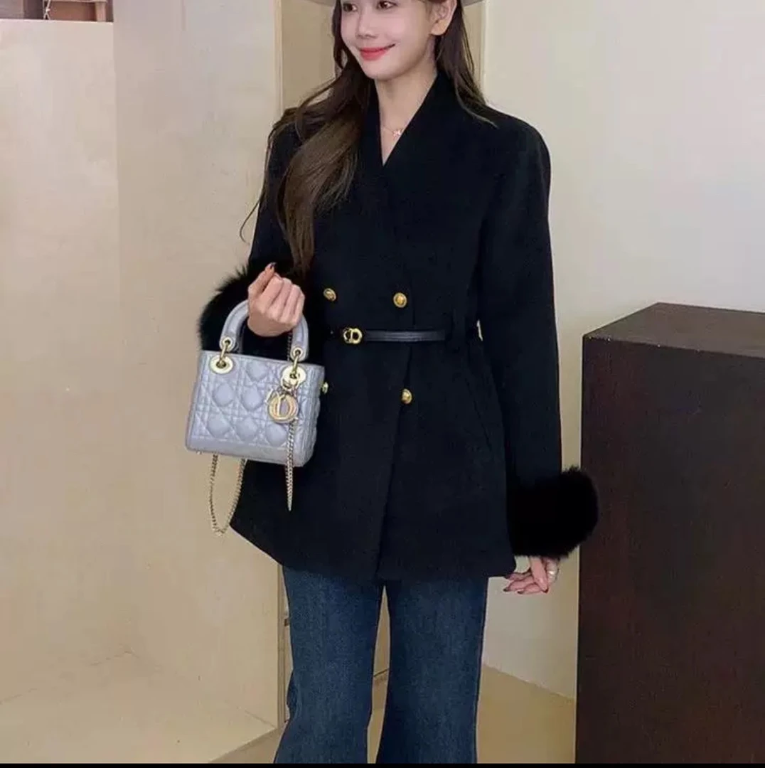 可拆卸毛毛袖口毛呢呢子外套气质女时尚显瘦双排扣小香风高贵气质