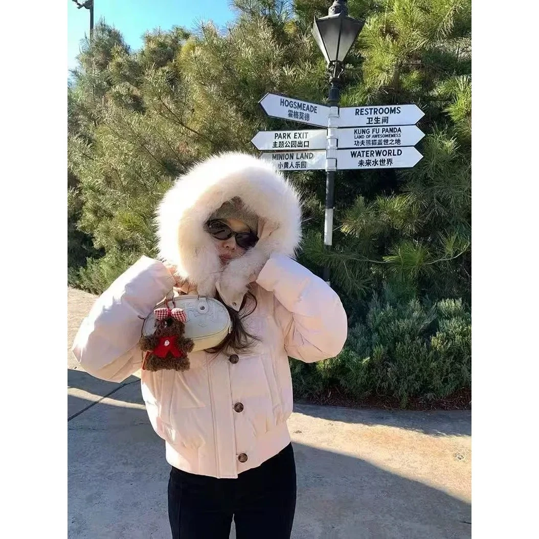 大毛领粉色短款棉服女2025年冬季新款棉衣保暖加厚棉袄