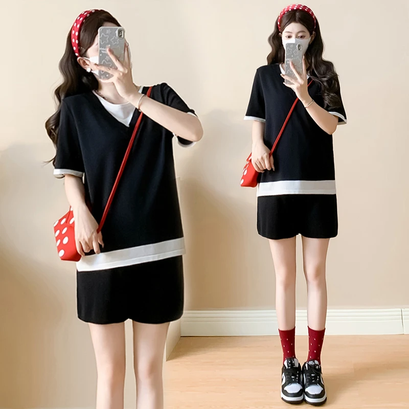 2025新款孕妇夏装套装时尚休闲宽松V领拼接短袖上衣+短裤两件套装