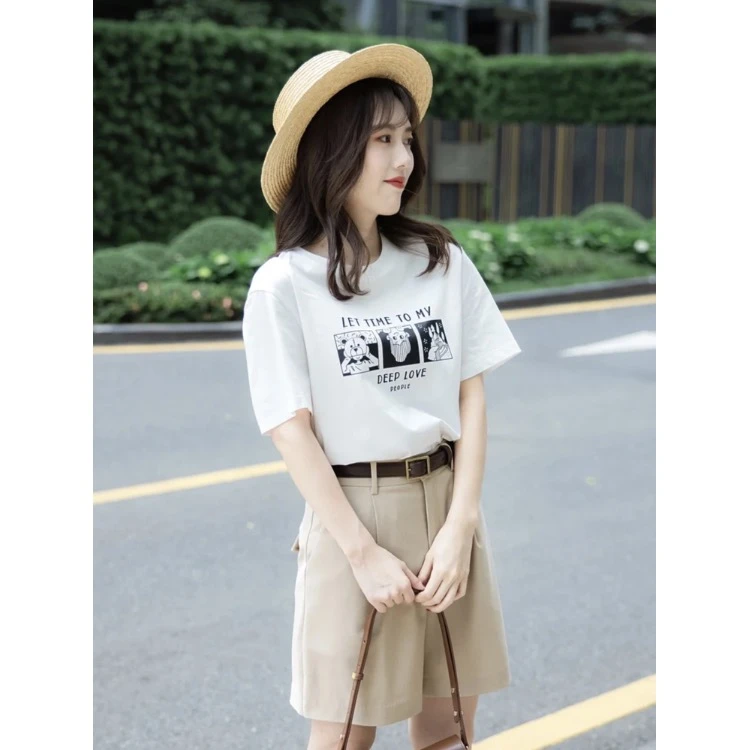 2025年夏季女搭配一整套茶系穿搭小个子卡通短袖上衣短款时尚套装