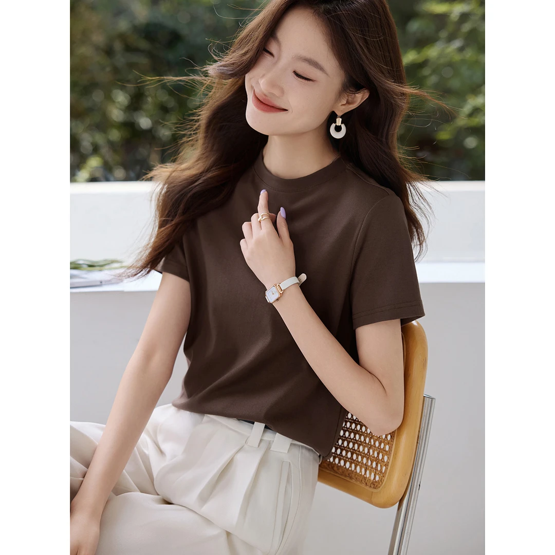 沫晗依美2025秋季时尚新款简约中袖纯色气质高级感打底T恤女5422