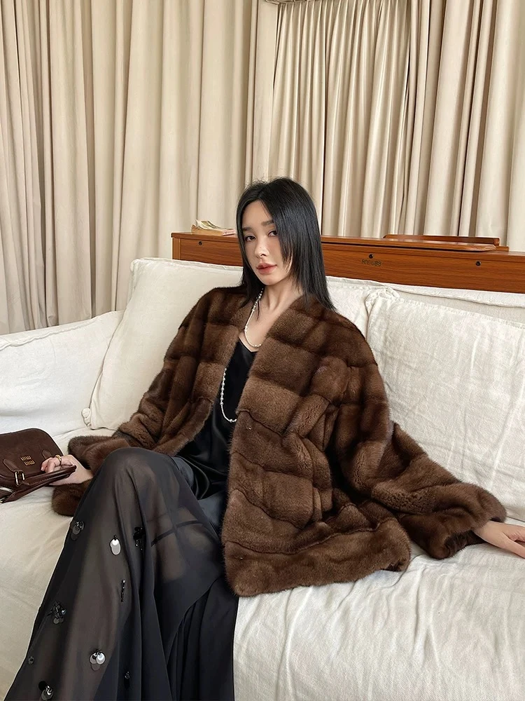 人造皮草 【陌上花开】冬季新款V领横纹仿水貂毛外套环保中长款大衣