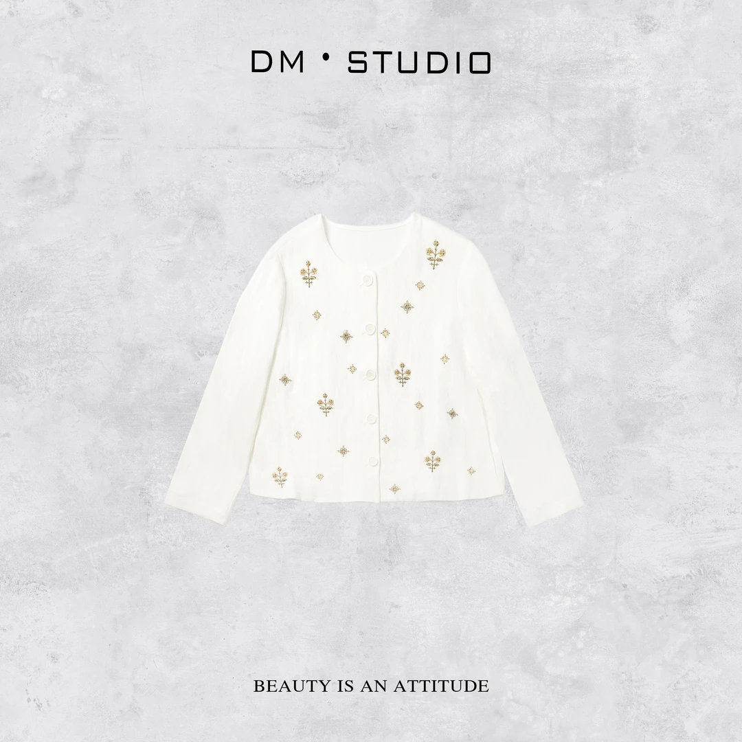 -DM•STUDIO/小众百搭高级感气质100%亚麻金色串珠外套（5030）