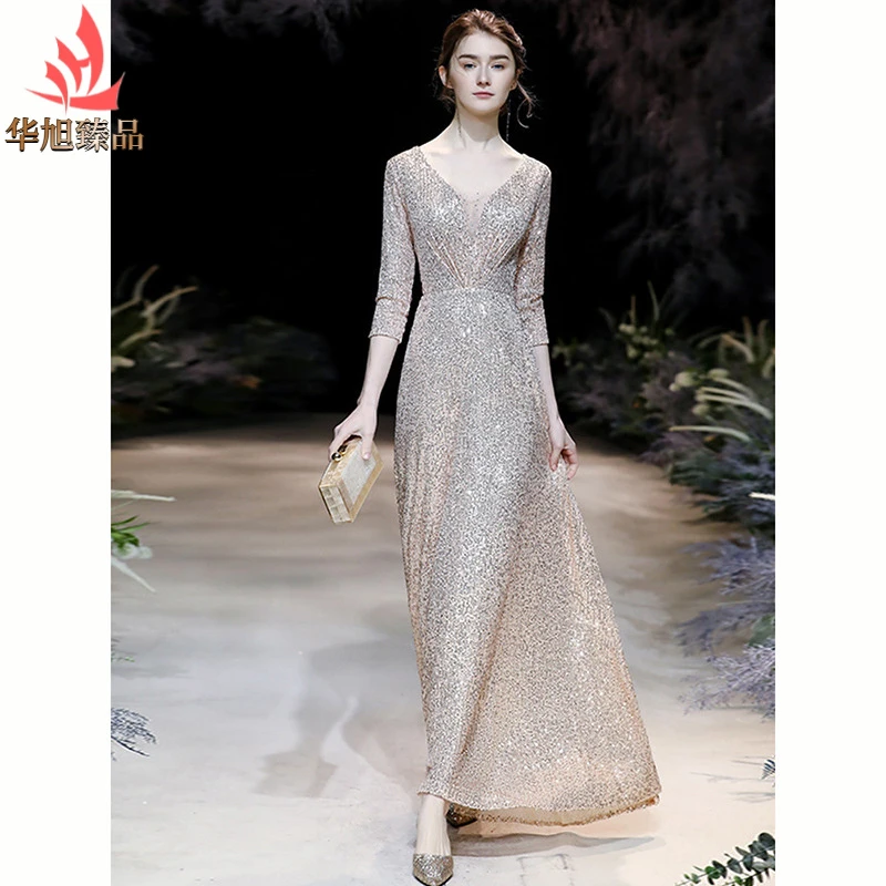 年会晚礼服女夏秋新款宴会主持人迎宾连衣裙长款金质sx