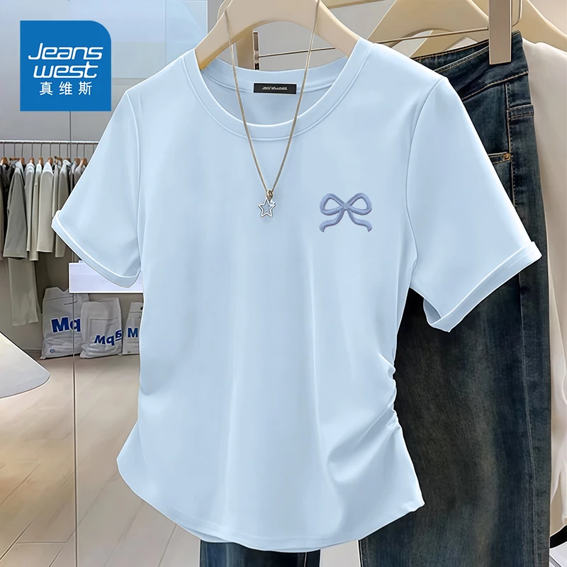 真维斯正肩短袖T恤女夏季新款修身显瘦甜辣妹穿搭设计感抽褶上衣