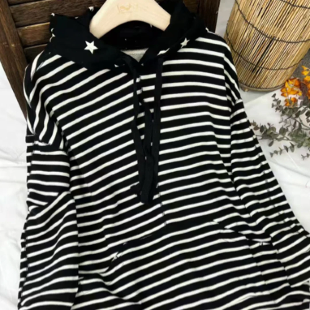 18309#春宽松型常规款条纹套头卫衣连帽时尚带帽运动上衣