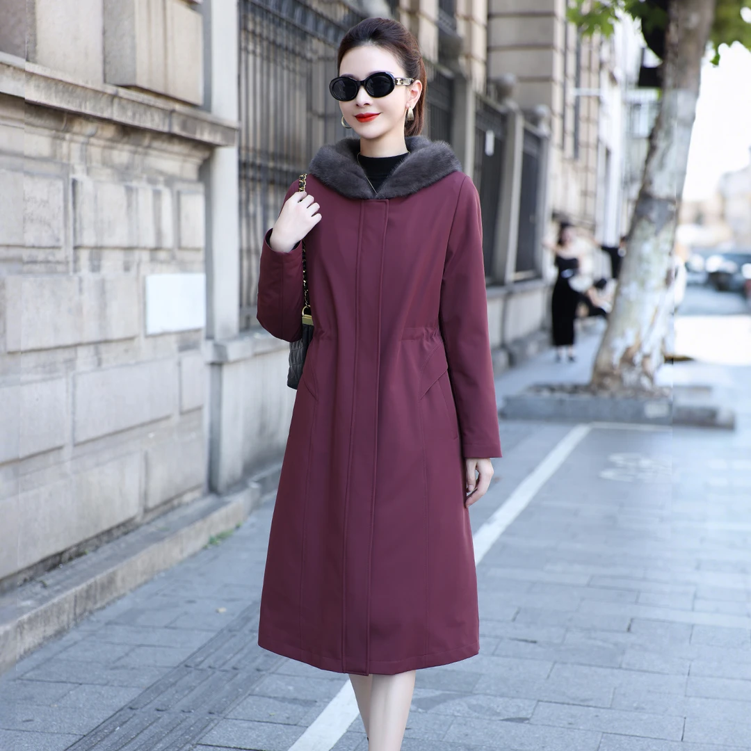 安可拉红水貂内胆派克服女长款过膝收腰显瘦连帽海宁貂皮尼克服