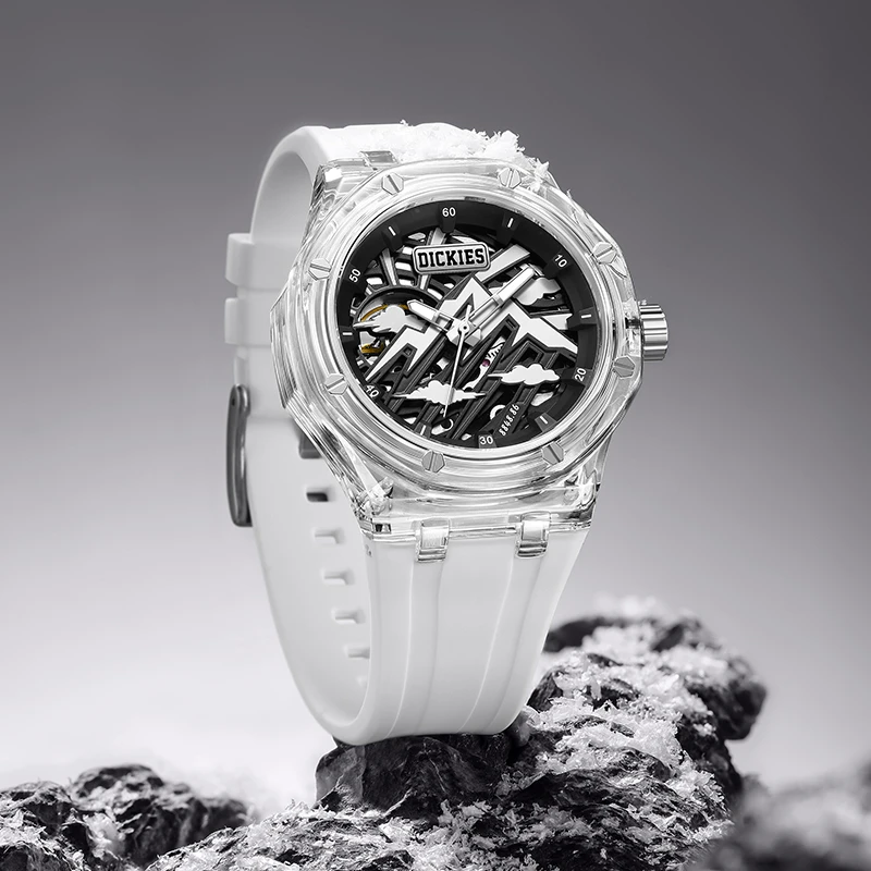 冬季立体透明壳雪山机能潮流背透双面镂空全自动机械手表无电池