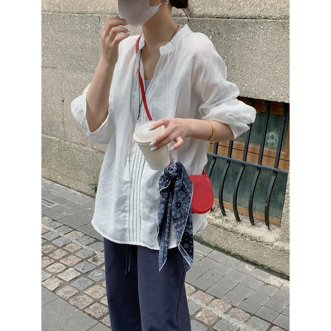 慵懒法式度假风麻料上衣气质百搭设计感长袖防晒衬衫女夏季新款
