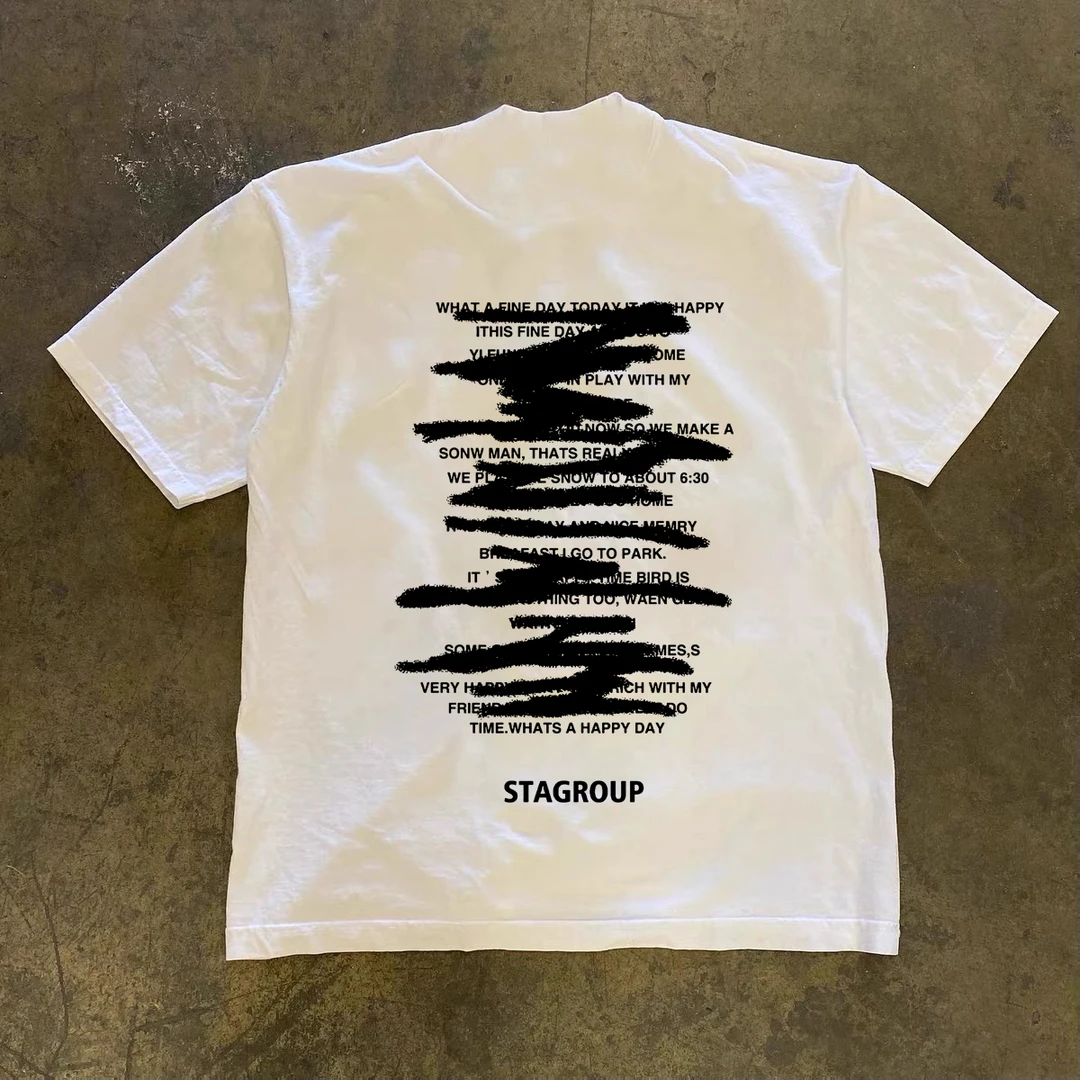 oversize美式涂鸦印花T恤男短袖夏季2025薄款圆领宽松落肩体恤衫