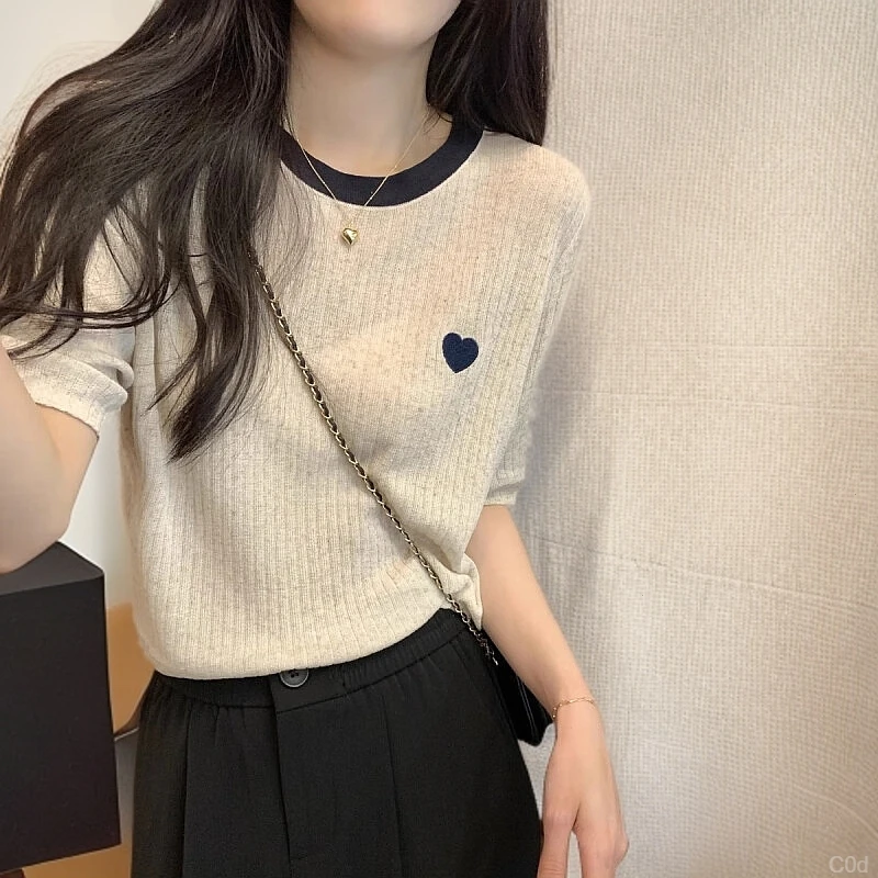 别致绝美2025夏季法式宽松撞色爱心刺绣设计感冰丝针织t恤女上衣