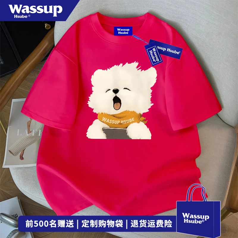 WASSUP HSUBE趣味动物印花纯棉短袖T恤男休闲火龙果色圆领上衣夏